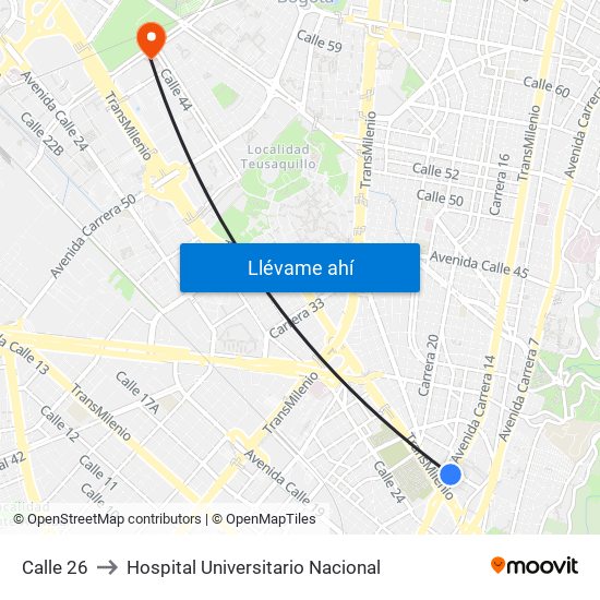 Calle 26 to Hospital Universitario Nacional map