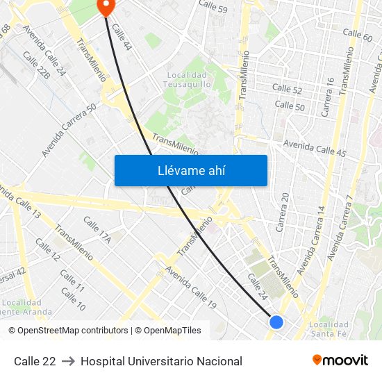 Calle 22 to Hospital Universitario Nacional map