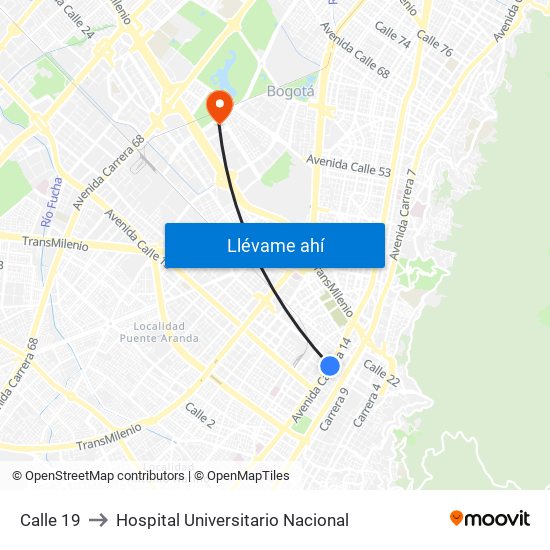 Calle 19 to Hospital Universitario Nacional map