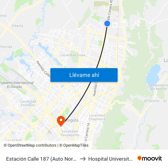 Estación Calle 187 (Auto Norte - Cl 187 Bis) (A) to Hospital Universitario Nacional map