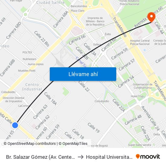 Br. Salazar Gómez (Av. Centenario - Kr 65) (A) to Hospital Universitario Nacional map