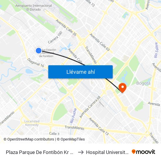 Plaza Parque De Fontibón Kr 100 (Kr 100 - Cl 17a) to Hospital Universitario Nacional map