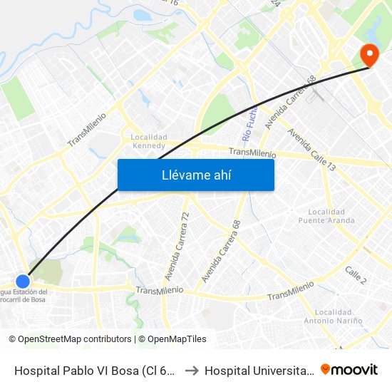 Hospital Pablo VI Bosa (Cl 63 Sur - Kr 77g) (A) to Hospital Universitario Nacional map