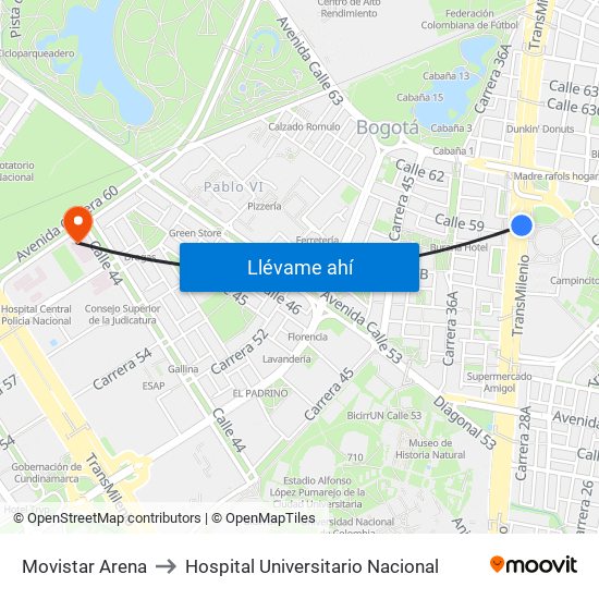 Movistar Arena to Hospital Universitario Nacional map