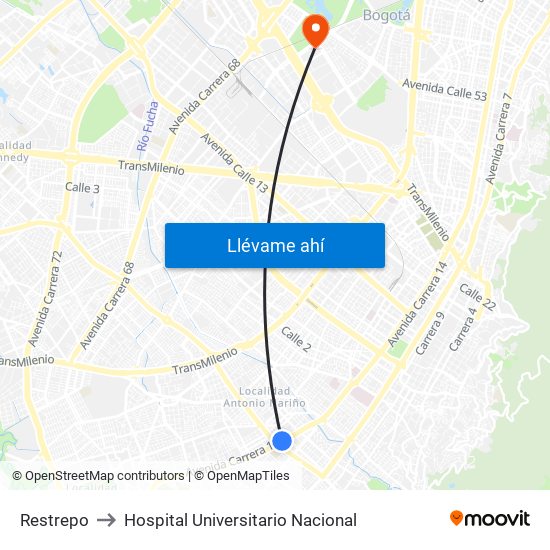 Restrepo to Hospital Universitario Nacional map
