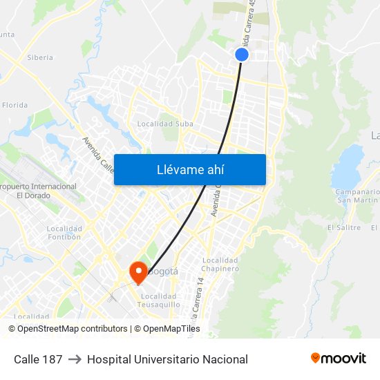 Calle 187 to Hospital Universitario Nacional map