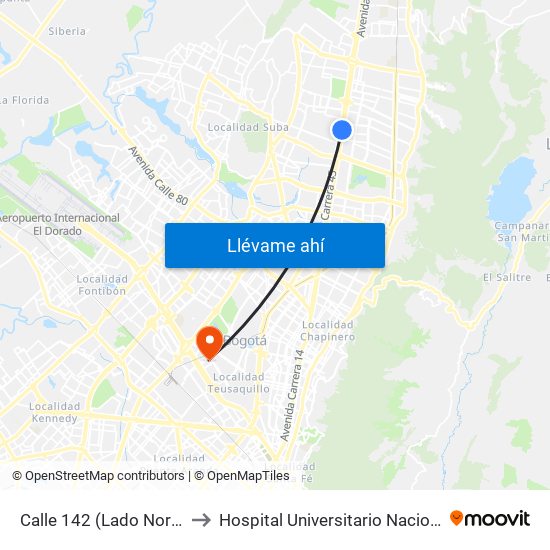 Calle 142 (Lado Norte) to Hospital Universitario Nacional map