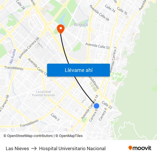 Las Nieves to Hospital Universitario Nacional map