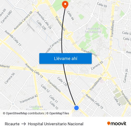 Ricaurte to Hospital Universitario Nacional map