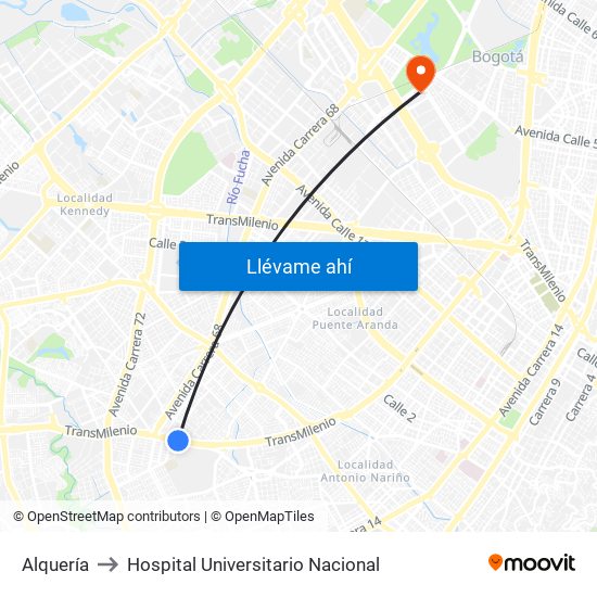 Alquería to Hospital Universitario Nacional map