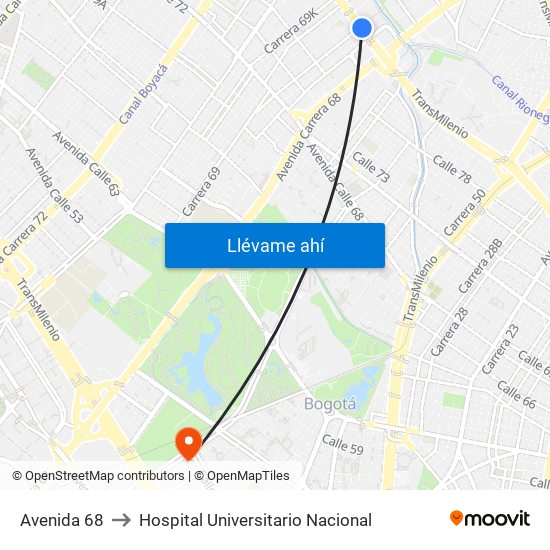 Avenida 68 to Hospital Universitario Nacional map