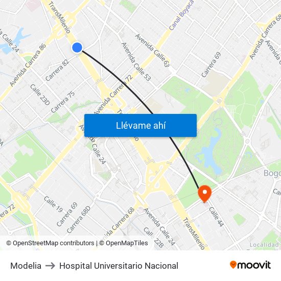 Modelia to Hospital Universitario Nacional map