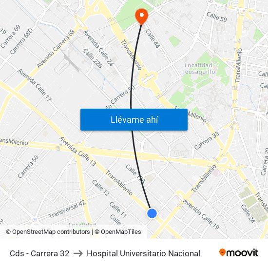 Cds - Carrera 32 to Hospital Universitario Nacional map