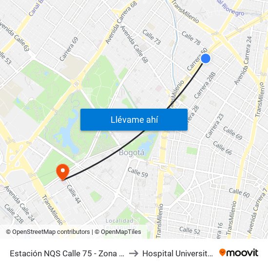 Estación NQS Calle 75 - Zona M (Av. NQS - Cl 75) to Hospital Universitario Nacional map