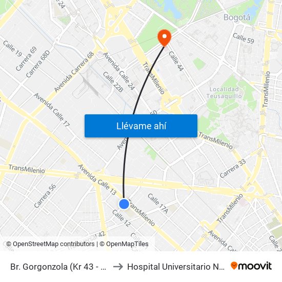 Br. Gorgonzola (Kr 43 - Cl 12b) to Hospital Universitario Nacional map