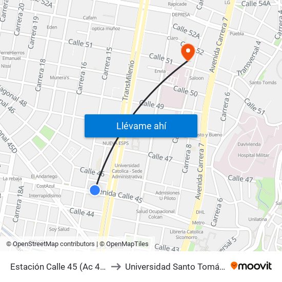 Estación Calle 45 (Ac 45 - Av. Caracas) to Universidad Santo Tomás Sede Principal map