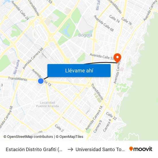 Estación Distrito Grafiti (Av. Américas - Kr 53a) to Universidad Santo Tomás Sede Principal map