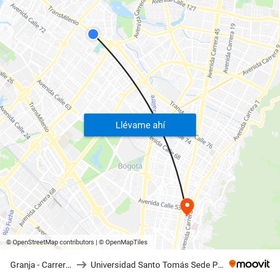 Granja - Carrera 77 to Universidad Santo Tomás Sede Principal map