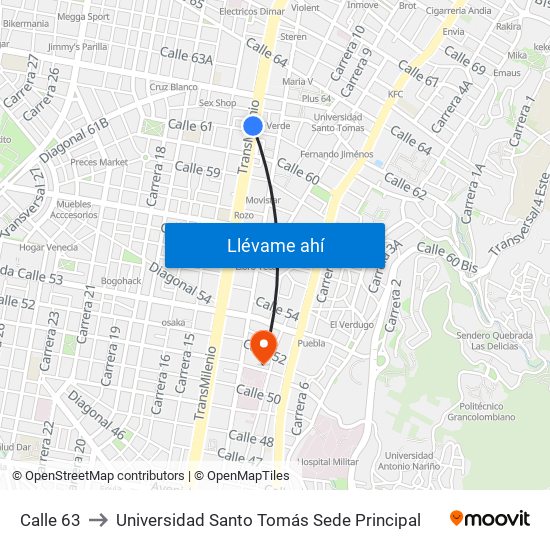 Calle 63 to Universidad Santo Tomás Sede Principal map