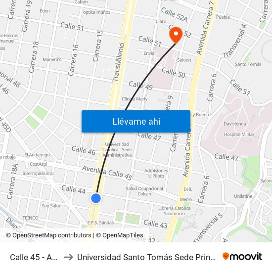 Calle 45 - Asw to Universidad Santo Tomás Sede Principal map