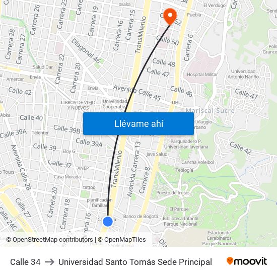 Calle 34 to Universidad Santo Tomás Sede Principal map