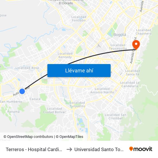 Terreros - Hospital Cardiovascular (Lado Sur) to Universidad Santo Tomás Sede Principal map