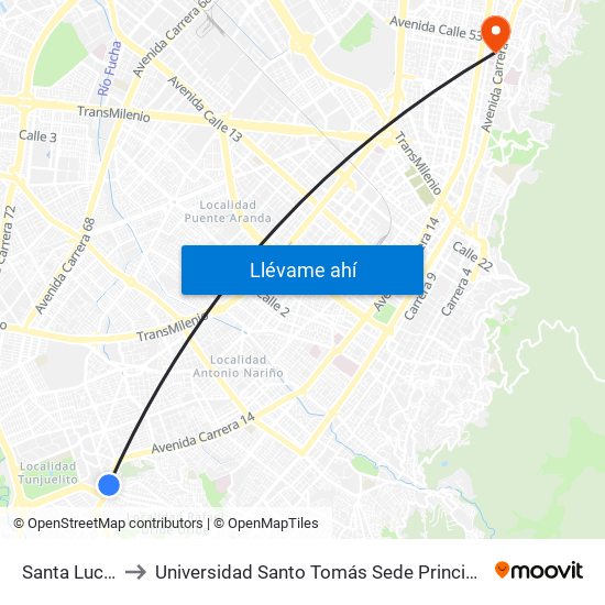 Santa Lucía to Universidad Santo Tomás Sede Principal map