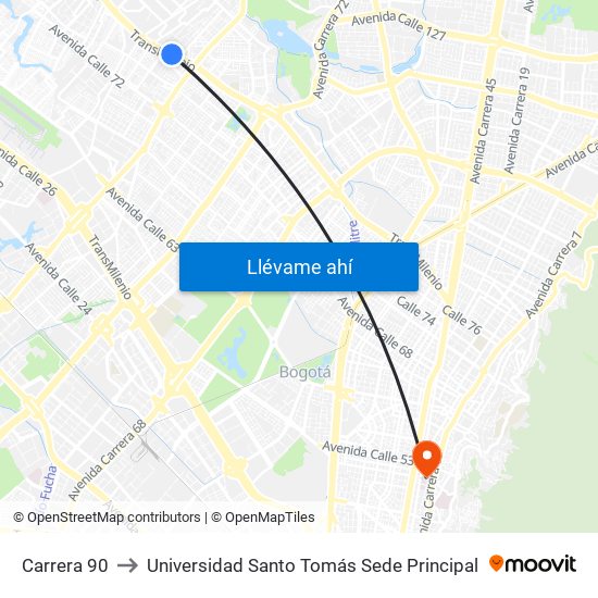 Carrera 90 to Universidad Santo Tomás Sede Principal map