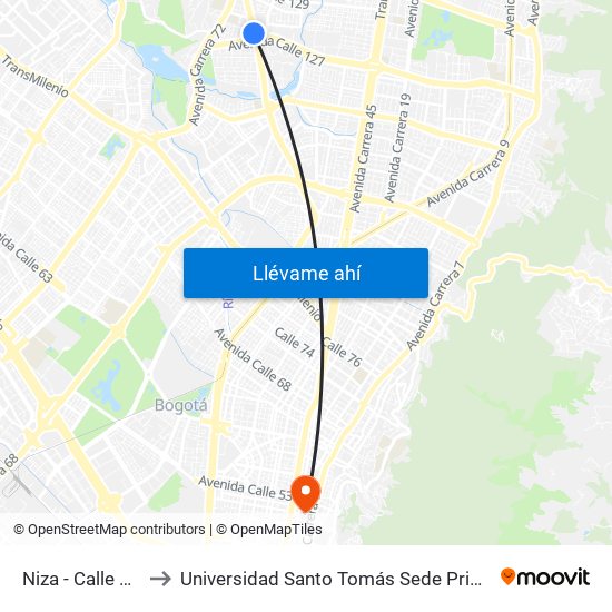 Niza - Calle 127 to Universidad Santo Tomás Sede Principal map