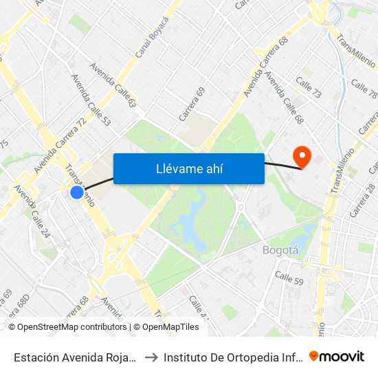 Estación Avenida Rojas (Ac 26 - Kr 69d Bis) (B) to Instituto De Ortopedia Infantil Rooselt Cede Propace map