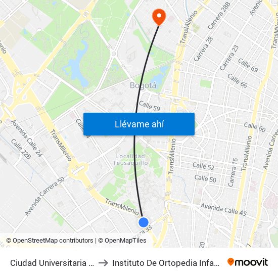 Ciudad Universitaria - Lotería De Bogotá to Instituto De Ortopedia Infantil Rooselt Cede Propace map