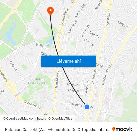 Estación Calle 45 (Ac 45 - Av. Caracas) to Instituto De Ortopedia Infantil Rooselt Cede Propace map