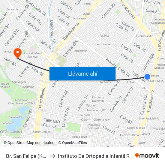 Br. San Felipe (Kr 20a - Cl 74) to Instituto De Ortopedia Infantil Rooselt Cede Propace map