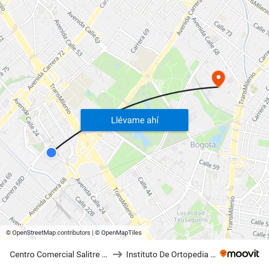 Centro Comercial Salitre Plaza (Av. La Esperanza - Kr 68b) to Instituto De Ortopedia Infantil Rooselt Cede Propace map