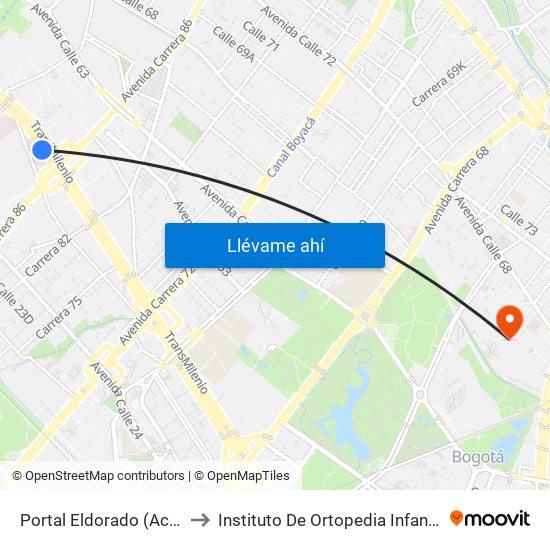 Portal Eldorado (Ac 26 - Av. C. De Cali) to Instituto De Ortopedia Infantil Rooselt Cede Propace map