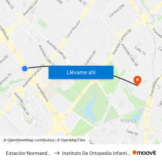 Estación Normandía (Ac 26 - Kr 74) to Instituto De Ortopedia Infantil Rooselt Cede Propace map