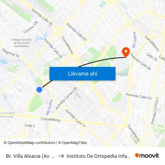 Br. Villa Alsacia (Av. Boyacá - Cl 12a) (A) to Instituto De Ortopedia Infantil Rooselt Cede Propace map