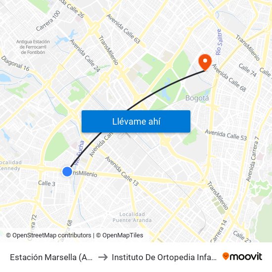 Estación Marsella (Av. Américas - Kr 69b) to Instituto De Ortopedia Infantil Rooselt Cede Propace map