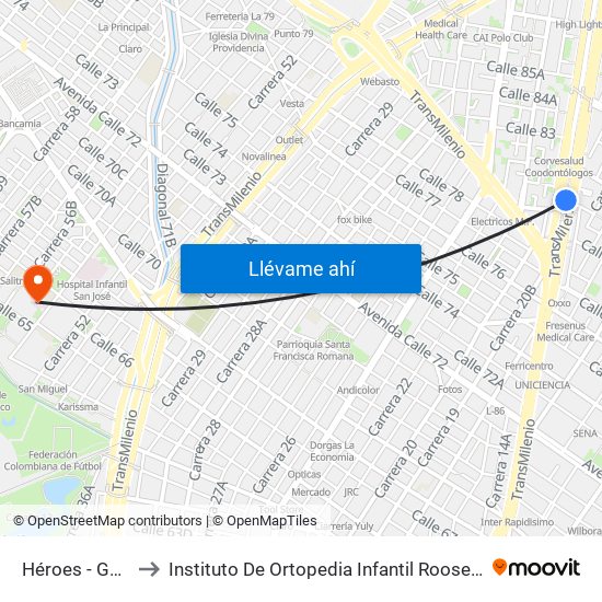 Héroes - Gel'Hada to Instituto De Ortopedia Infantil Rooselt Cede Propace map