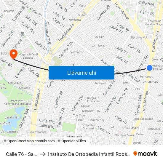 Calle 76 - San Felipe to Instituto De Ortopedia Infantil Rooselt Cede Propace map