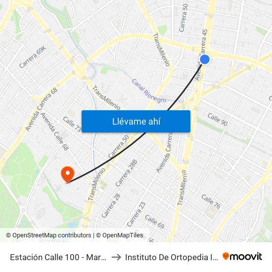 Estación Calle 100 - Marketmedios (Auto Norte - Cl 98) to Instituto De Ortopedia Infantil Rooselt Cede Propace map