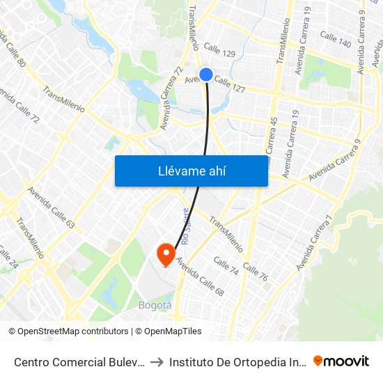Centro Comercial Bulevar Niza (Ac 127 - Av. Suba) to Instituto De Ortopedia Infantil Rooselt Cede Propace map