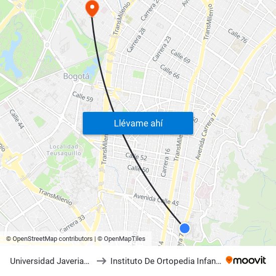 Universidad Javeriana (Ak 7 - Cl 40) (B) to Instituto De Ortopedia Infantil Rooselt Cede Propace map