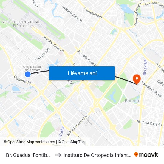 Br. Guadual Fontibón (Cl 17 - Kr 96h) to Instituto De Ortopedia Infantil Rooselt Cede Propace map