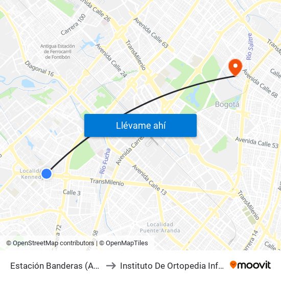 Estación Banderas (Av. Américas - Kr 78a) (A) to Instituto De Ortopedia Infantil Rooselt Cede Propace map