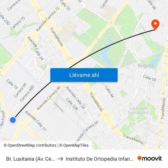 Br. Lusitania (Av. Centenario - Kr 68b) to Instituto De Ortopedia Infantil Rooselt Cede Propace map