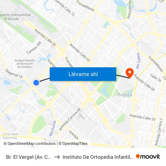 Br. El Vergel (Av. C. De Cali - Cl 18) to Instituto De Ortopedia Infantil Rooselt Cede Propace map