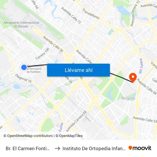 Br. El Carmen Fontibón (Cl 17 - Kr 100) to Instituto De Ortopedia Infantil Rooselt Cede Propace map