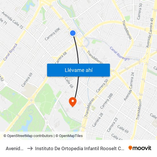 Avenida 68 to Instituto De Ortopedia Infantil Rooselt Cede Propace map