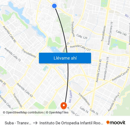 Suba - Transversal 91 to Instituto De Ortopedia Infantil Rooselt Cede Propace map